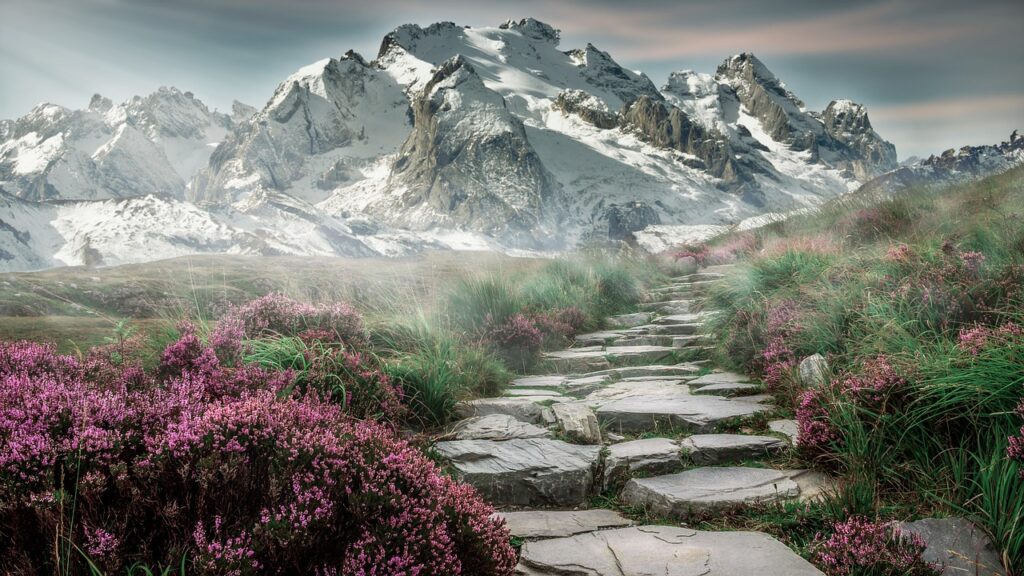 mountain landscape, steps, stones