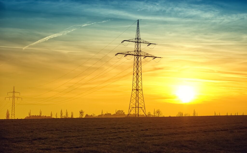 power lines, fields, sunset